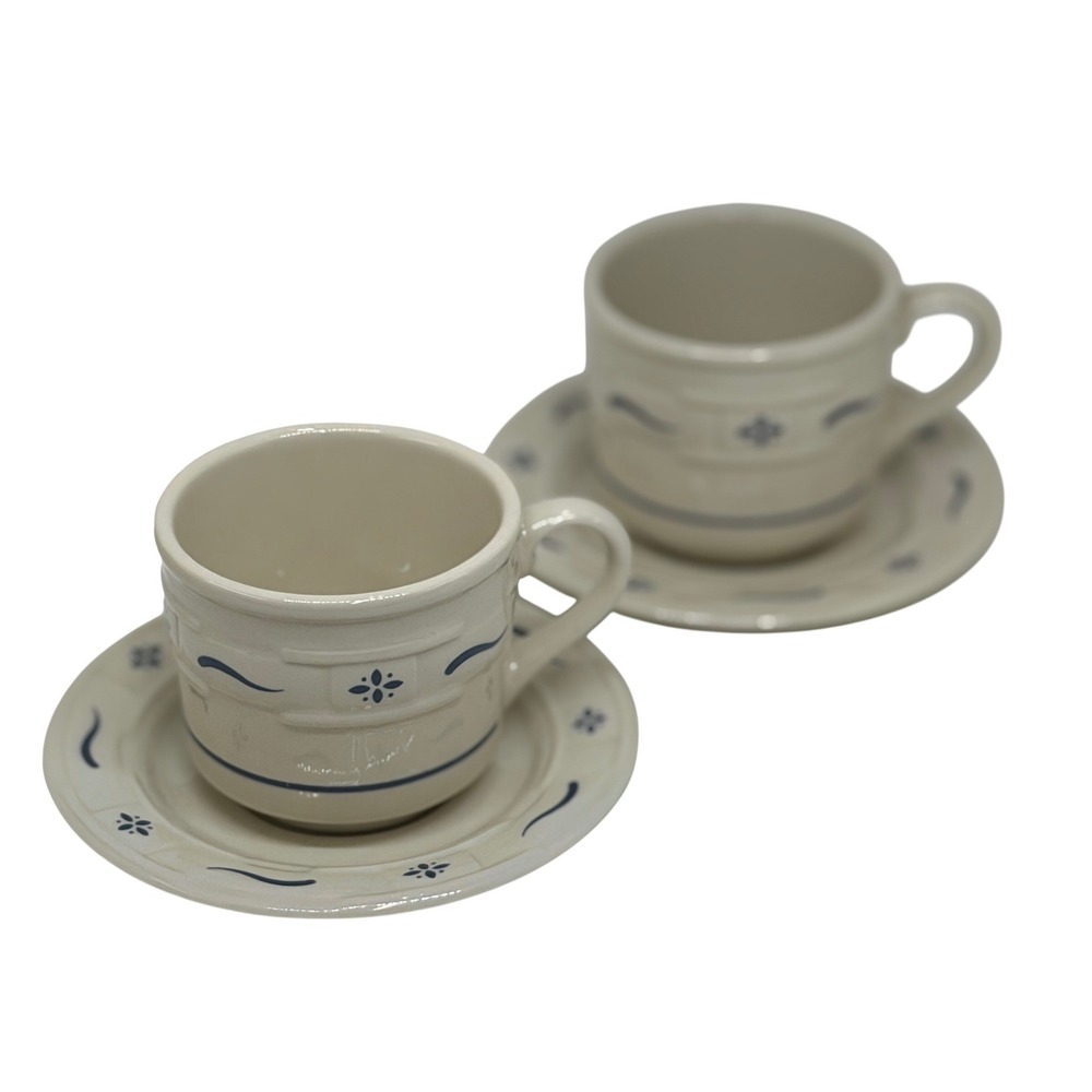 Longaberger Pottery Woven Traditions Tea Cup Saucer Heritage Blue Set of‎ 2 VTG